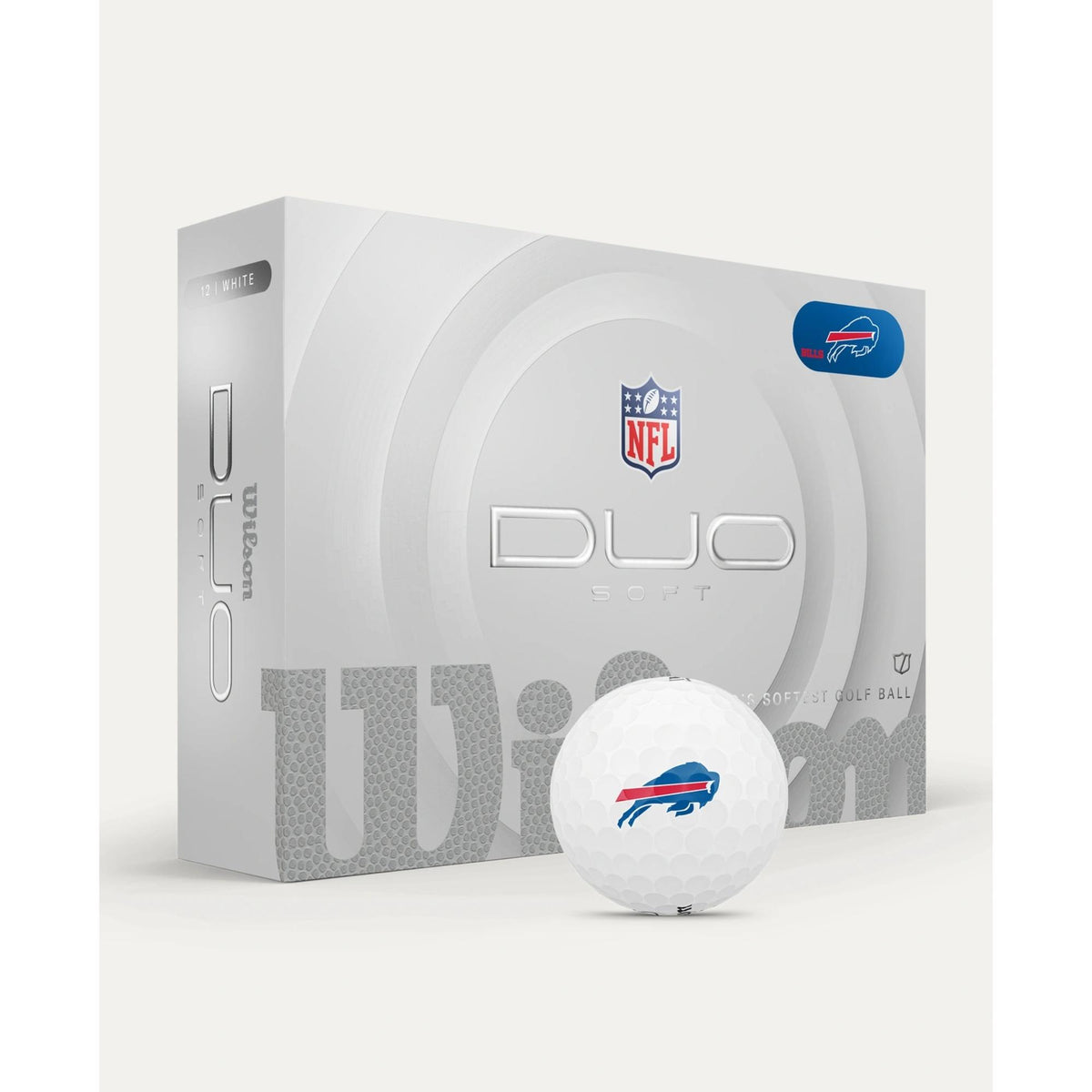 Wilson Golf DUO Soft NFL golf balls 12-pack in white, shown with branded Wilson DUO Soft packaging.