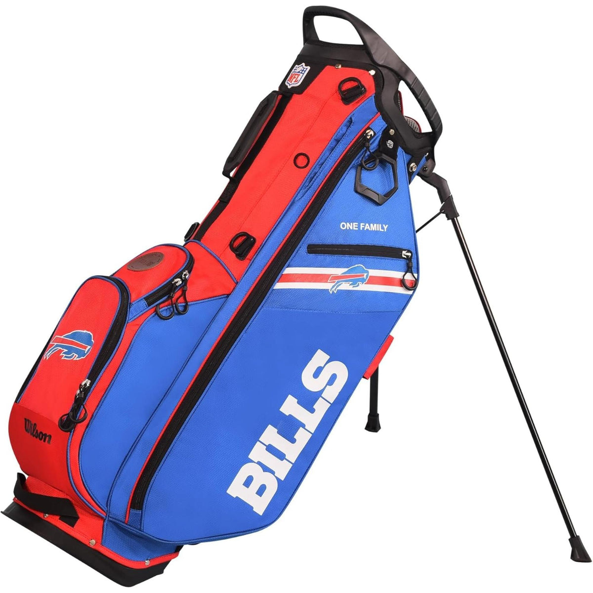 Wilson Golf NFL carry bag featuring team colors, logos, and a lightweight stand design for easy carrying on the course.