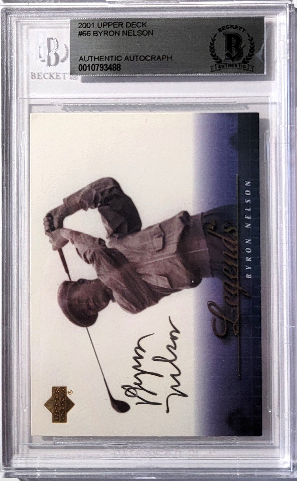 Byron Nelson Autographed PGA Tour Golf Encapsulated 2001 Upper Deck Legends #66 Trading Card Beckett Authenticated