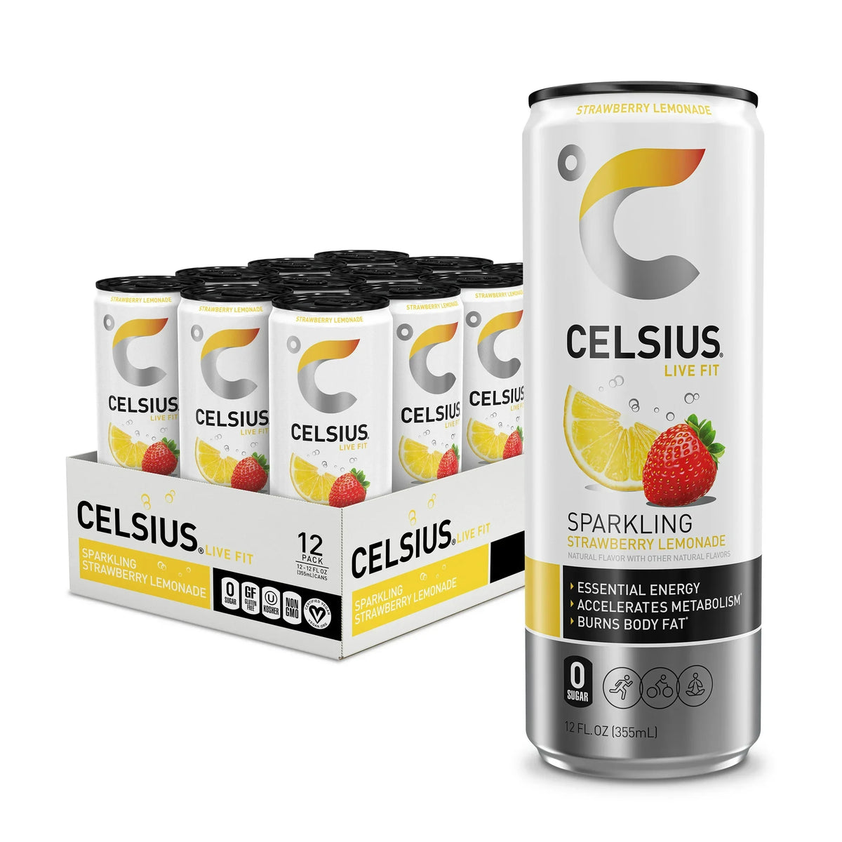 Celsius Sparkling Strawberry Lemonade Energy Drink, 12 fl oz (Case of 12)