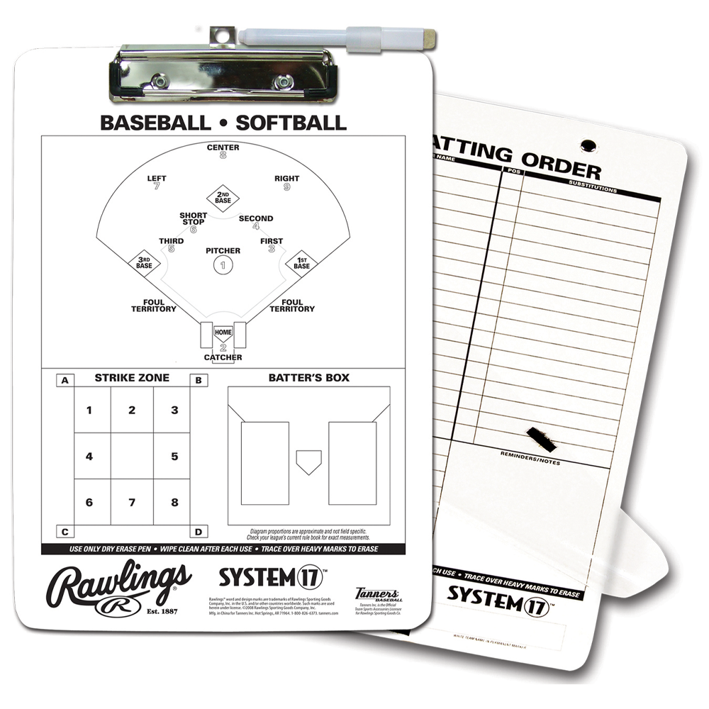 Rawlings baseball and softball coach’s clipboard with field diagram, strike zone chart, and batting order lineup board for game strategy and player tracking.