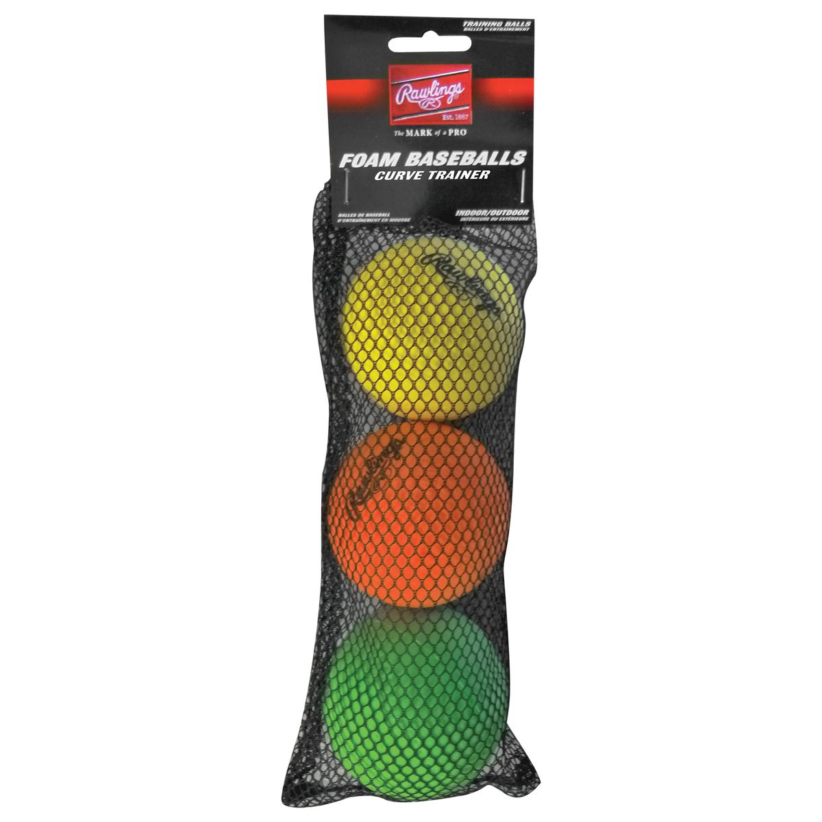 Rawlings foam baseball curve trainer balls 3-pack in yellow, orange, and green with mesh bag packaging for indoor and outdoor pitching practice.