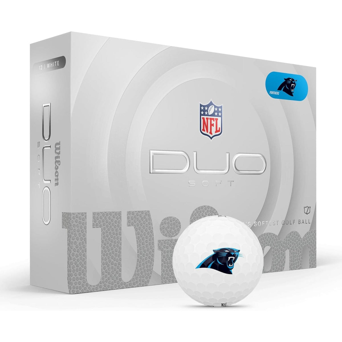 Wilson Golf DUO Soft NFL golf balls 12-pack in white, shown with branded Wilson DUO Soft packaging.