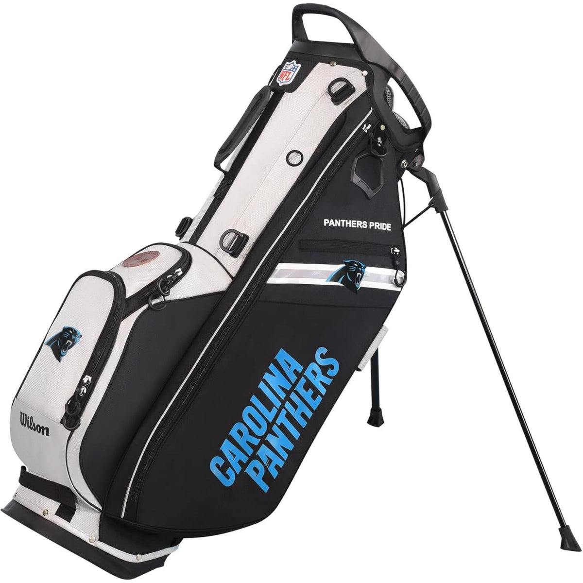 Wilson Golf NFL carry bag featuring team colors, logos, and a lightweight stand design for easy carrying on the course.