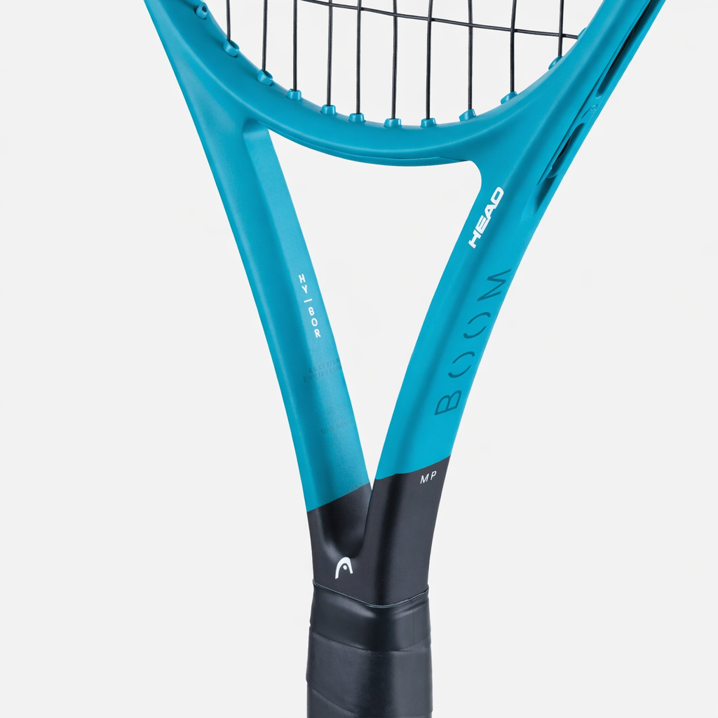 HEAD Boom Elite Tennis Racquet with teal frame and black grip on a white background.