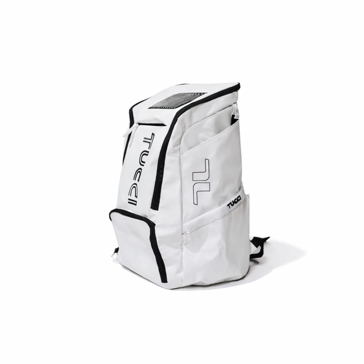 TUCCI 35L Team white bat pack backpack with black trim, zippered compartments, and vertical TUCCI logo on a white background.
