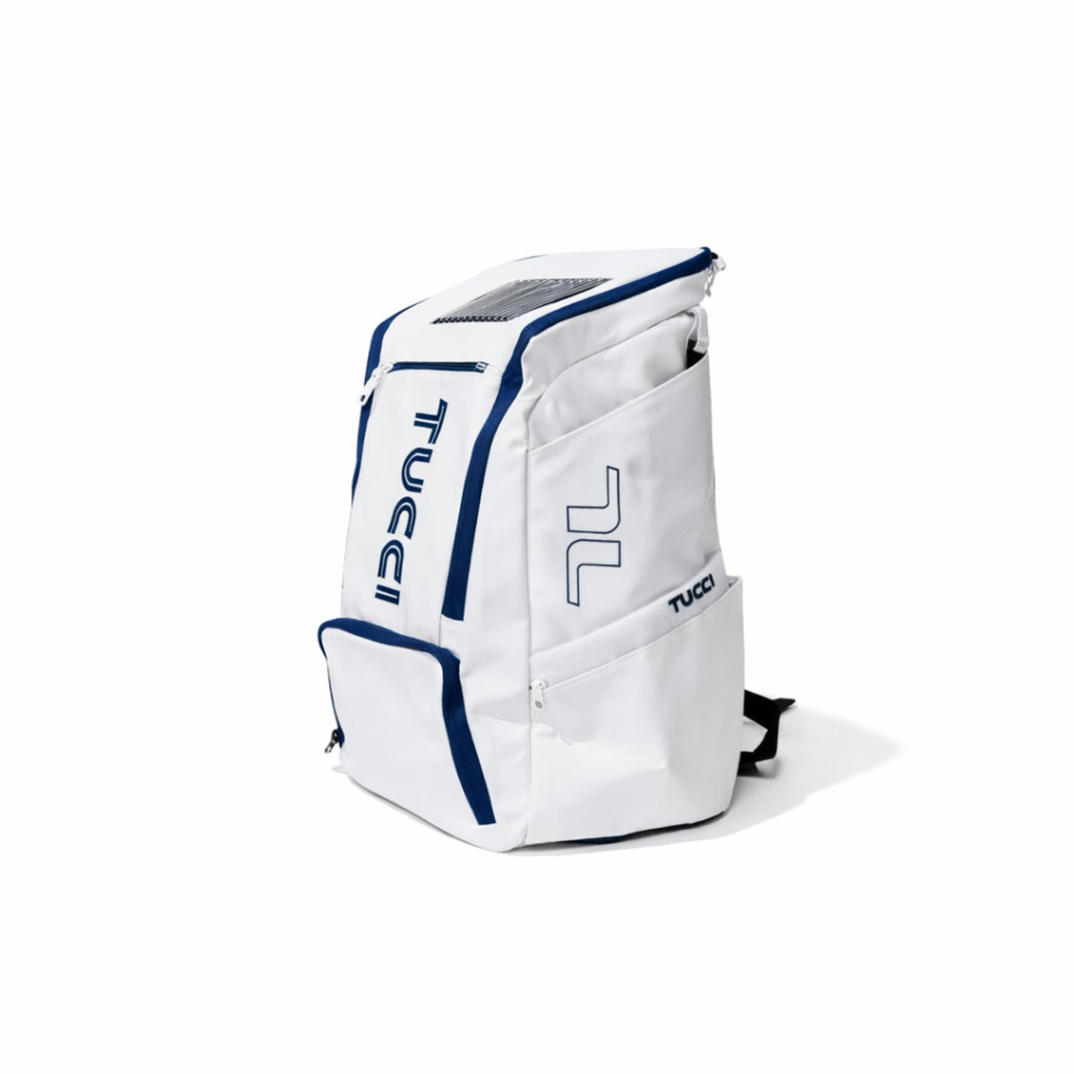 TUCCI 35L Team white bat pack backpack with navy blue trim, zippered compartments, and vertical TUCCI logo on a white background.
