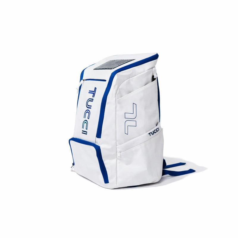 TUCCI 35L Team white bat pack backpack with royal blue trim, zippered compartments, and vertical TUCCI logo on a white background.