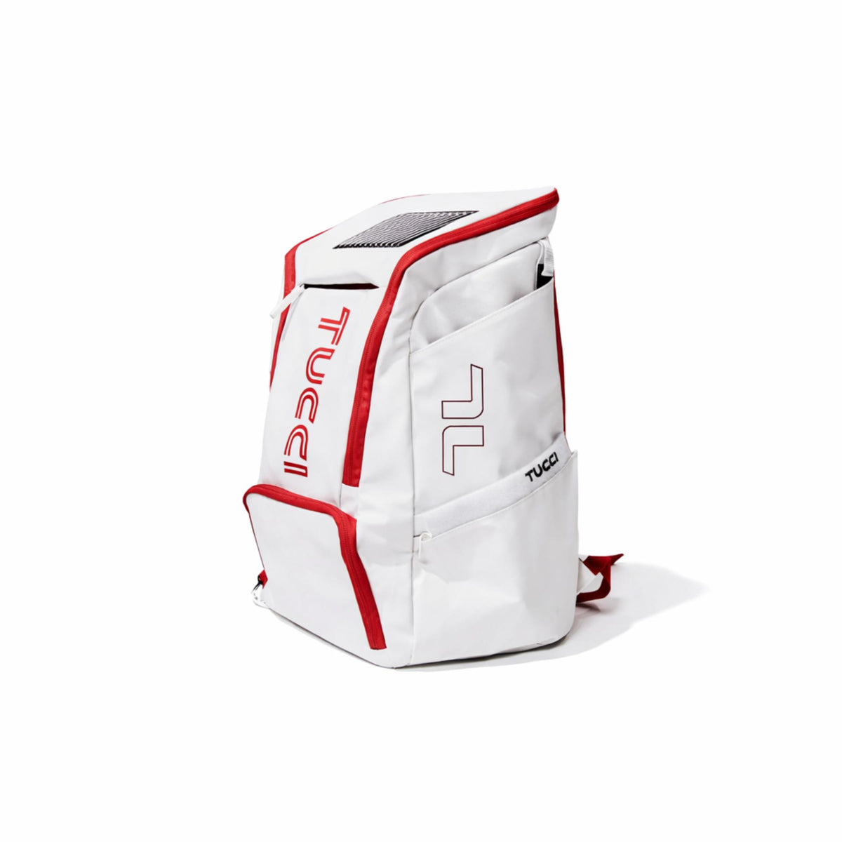 TUCCI 35L Team white bat pack backpack with red trim, zippered compartments, and vertical TUCCI logo on a white background.