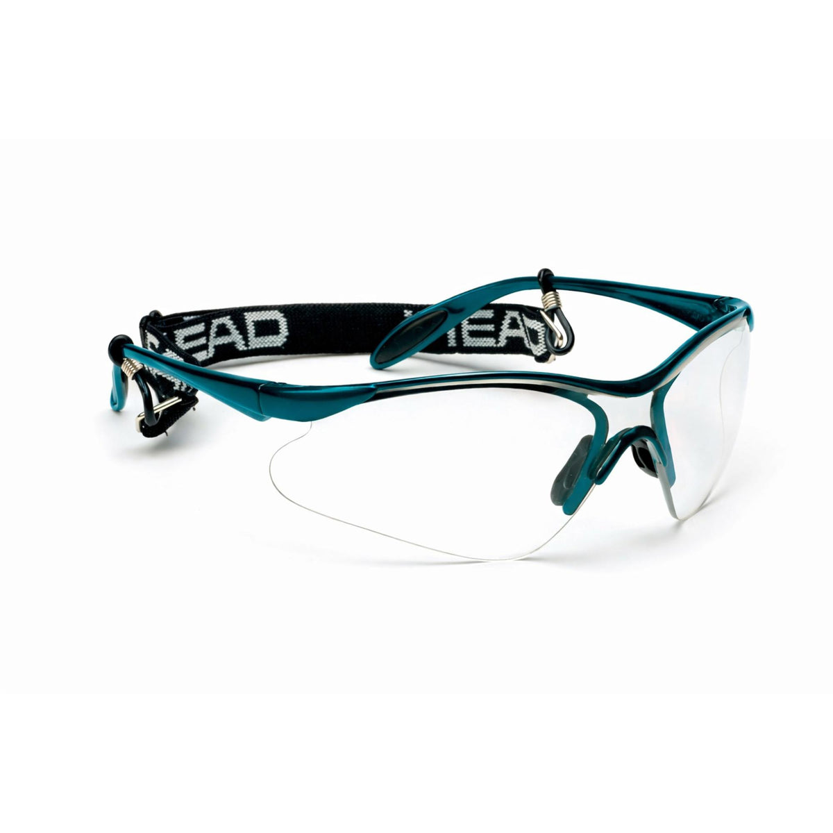 Teal HEAD sports protective eyewear with clear wraparound lenses and adjustable elastic strap, displayed on a white background.