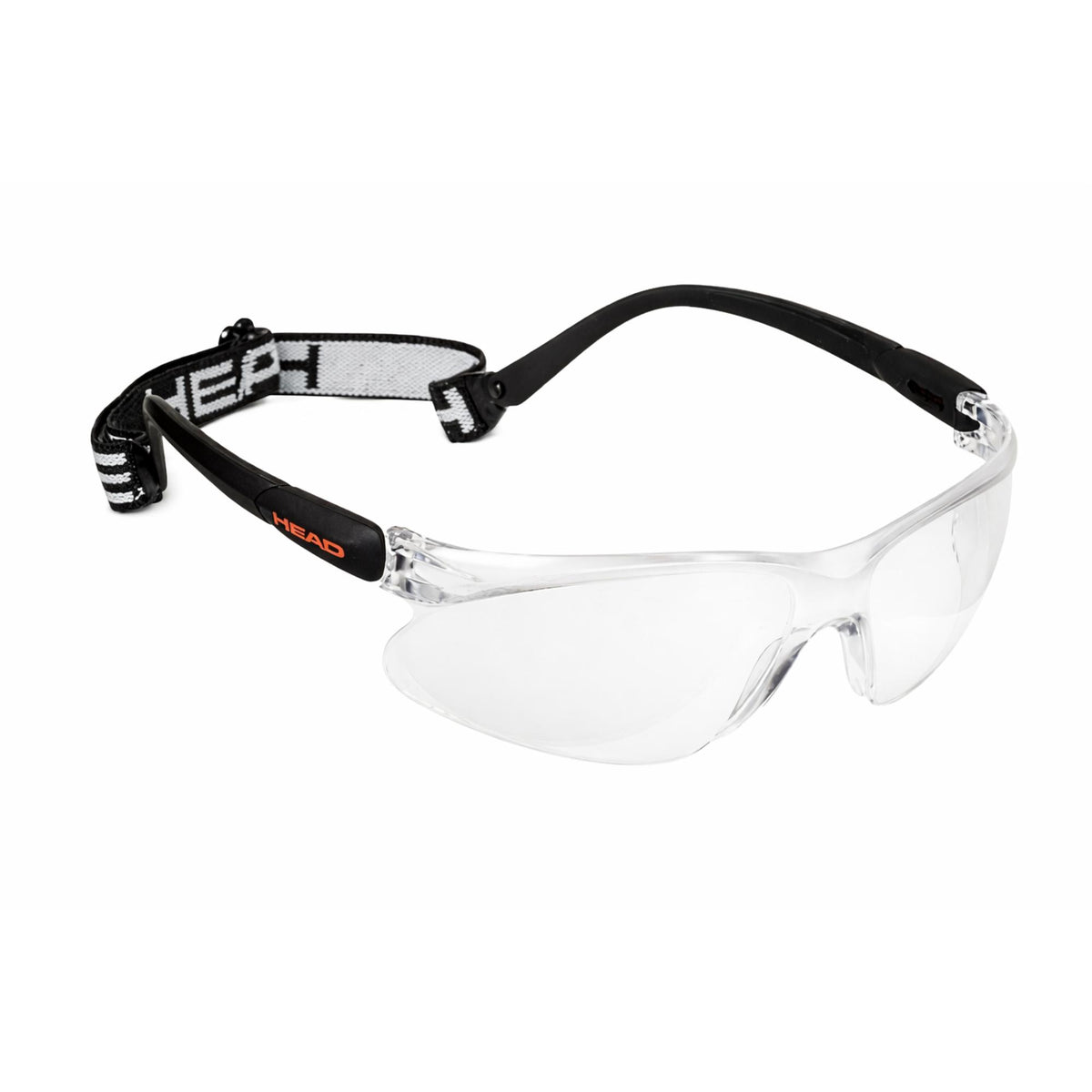 Black HEAD sports protective eyewear with clear wraparound lenses and adjustable elastic strap, displayed on a white background.