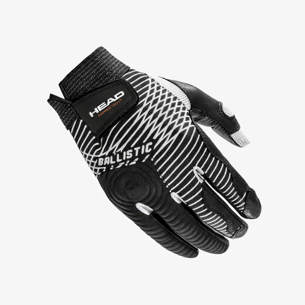HEAD Ballistic glove shown from the backhand side with black-and-white striped design, padded knuckles, and adjustable wrist strap on a white background.