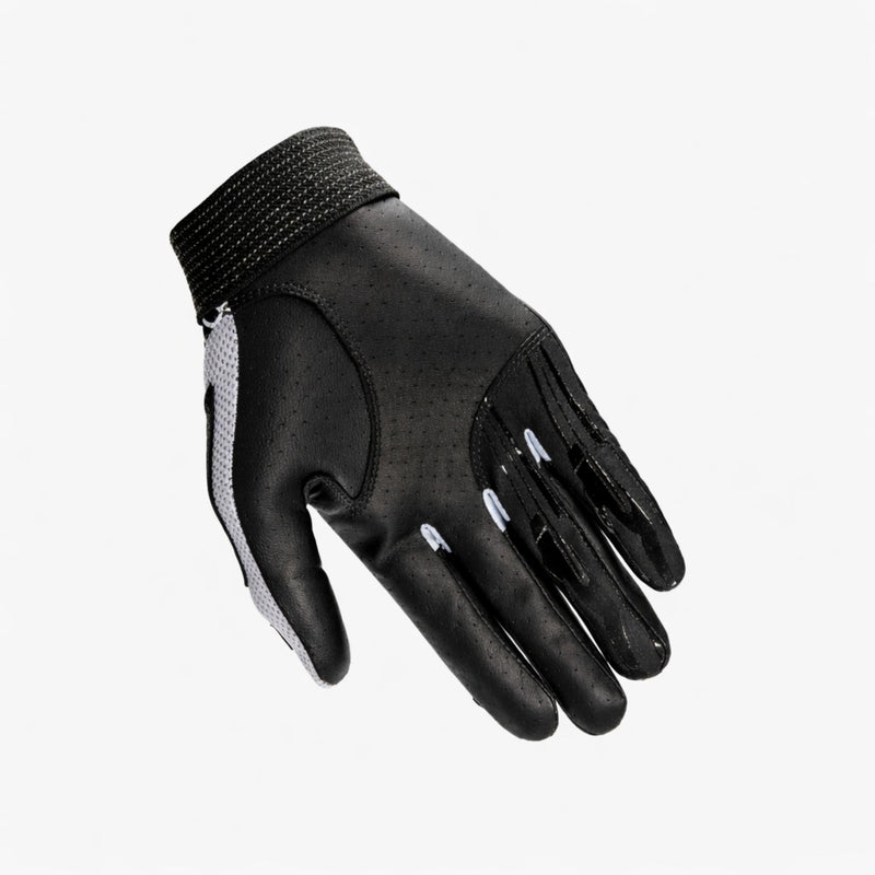 Black leather sports glove shown from the palm side with perforated grip surface on a white background.
