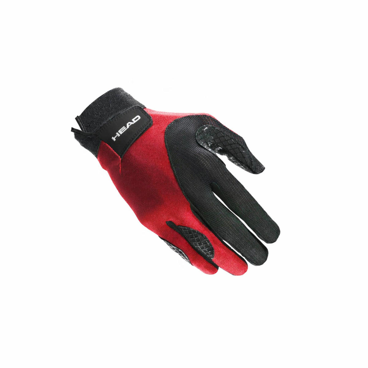 Red and black HEAD sports glove shown from the backhand side with textured grip accents and adjustable wrist strap on a white background.