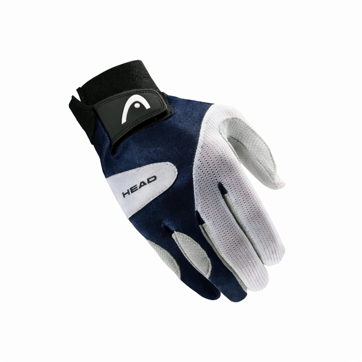 Navy and white HEAD sports glove shown from the backhand side with padded grip panels and adjustable wrist strap on a white background.
