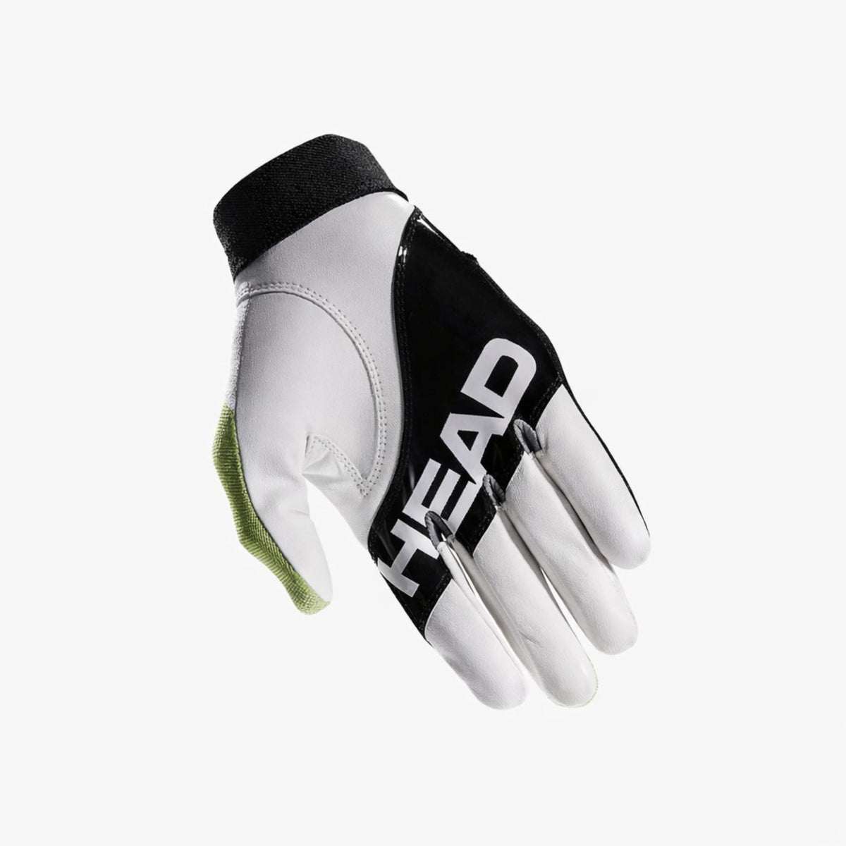 Palm-side view of the HEAD Conquest glove in white leather with black panel branding and lime green accent.