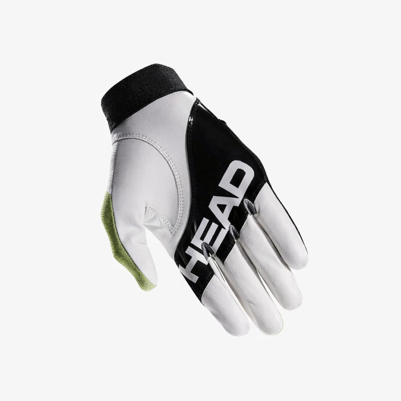 Palm-side view of the HEAD Conquest glove in white leather with black panel branding and lime green accent.