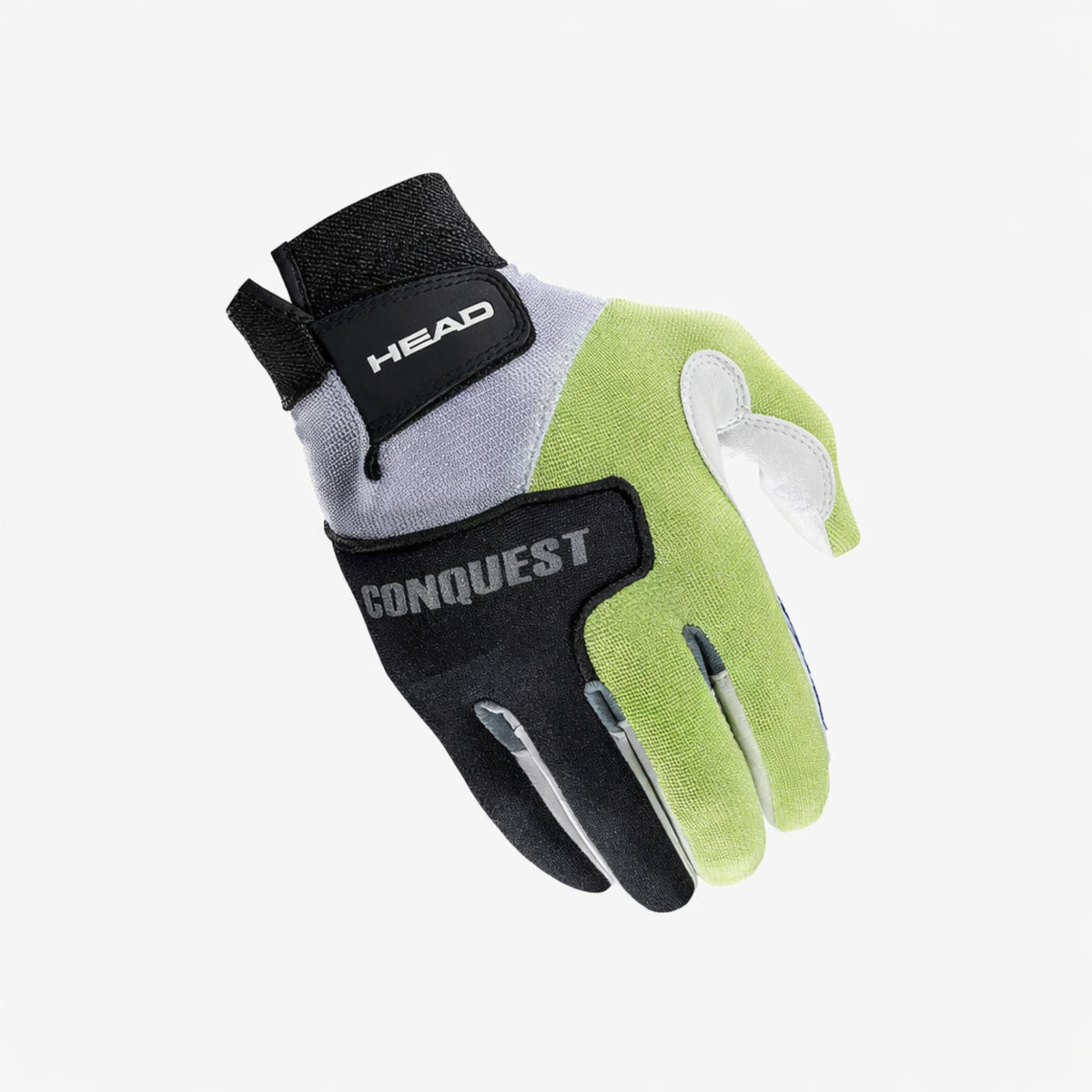 White, black, and lime green HEAD Conquest sports glove shown from the back with logo strap and textured fabric.