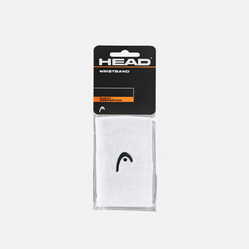HEAD white tennis wristband in retail packaging with sweat absorption label.