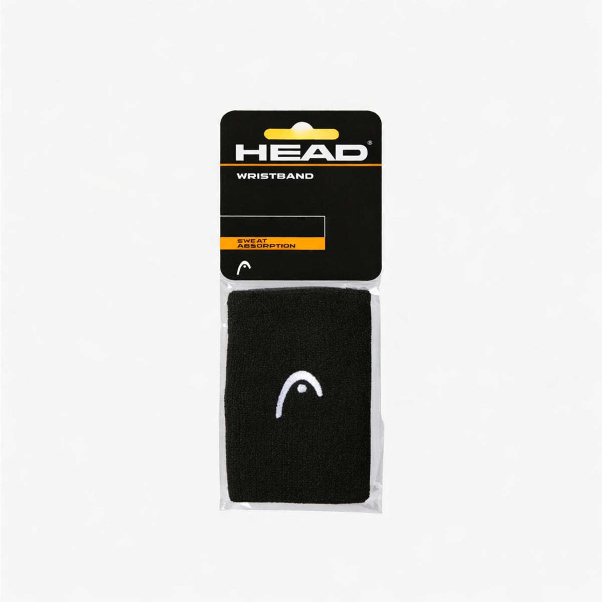 HEAD black tennis wristband in retail packaging with sweat absorption label.