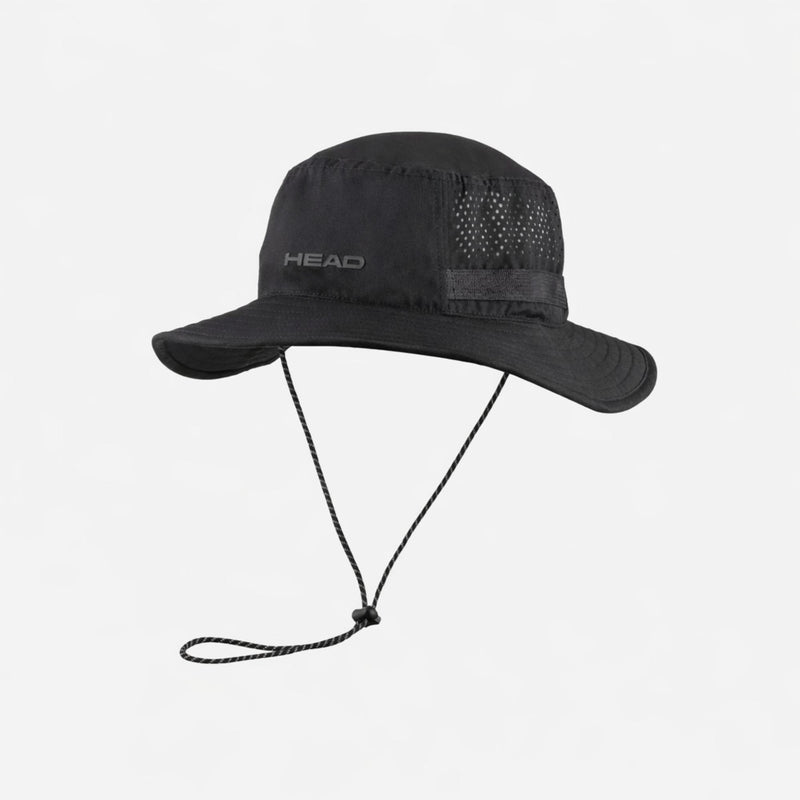 HEAD black boonie hat with mesh side panels, adjustable chin cord, and “HEAD” logo on the front.