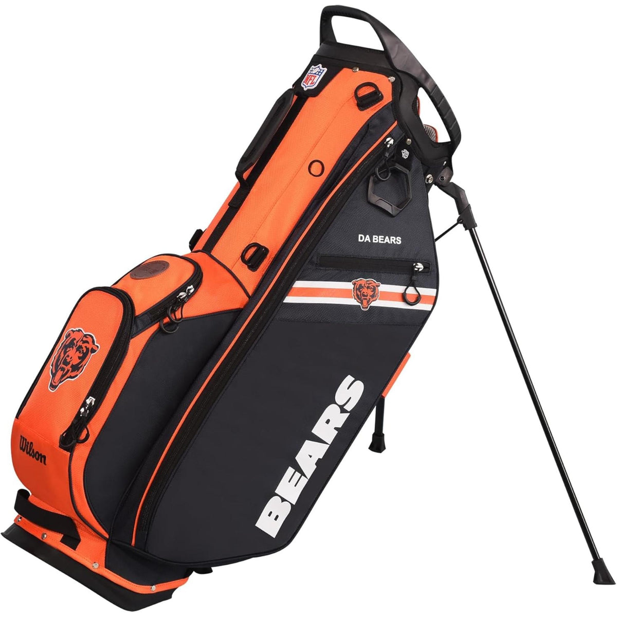 Wilson Golf NFL carry bag featuring team colors, logos, and a lightweight stand design for easy carrying on the course.
