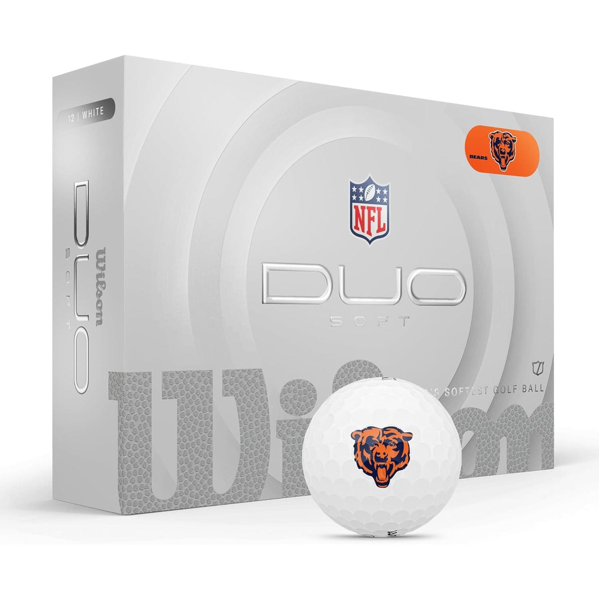 Wilson Golf DUO Soft NFL golf balls 12-pack in white, shown with branded Wilson DUO Soft packaging.