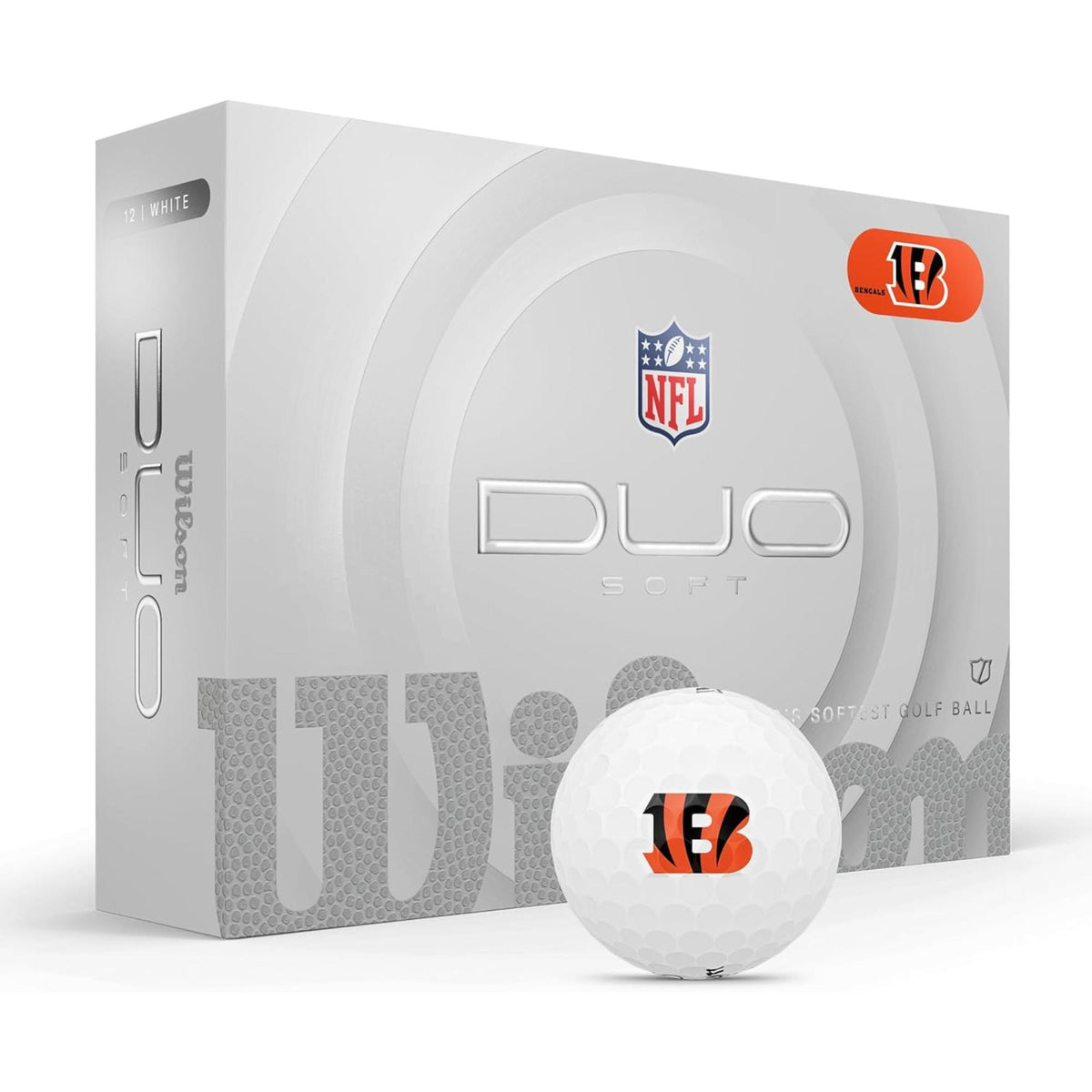 Wilson Golf DUO Soft NFL golf balls 12-pack in white, shown with branded Wilson DUO Soft packaging.