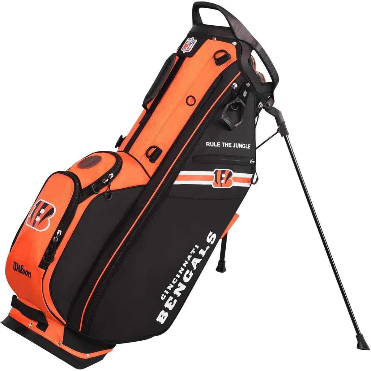 Wilson Golf NFL carry bag featuring team colors, logos, and a lightweight stand design for easy carrying on the course.