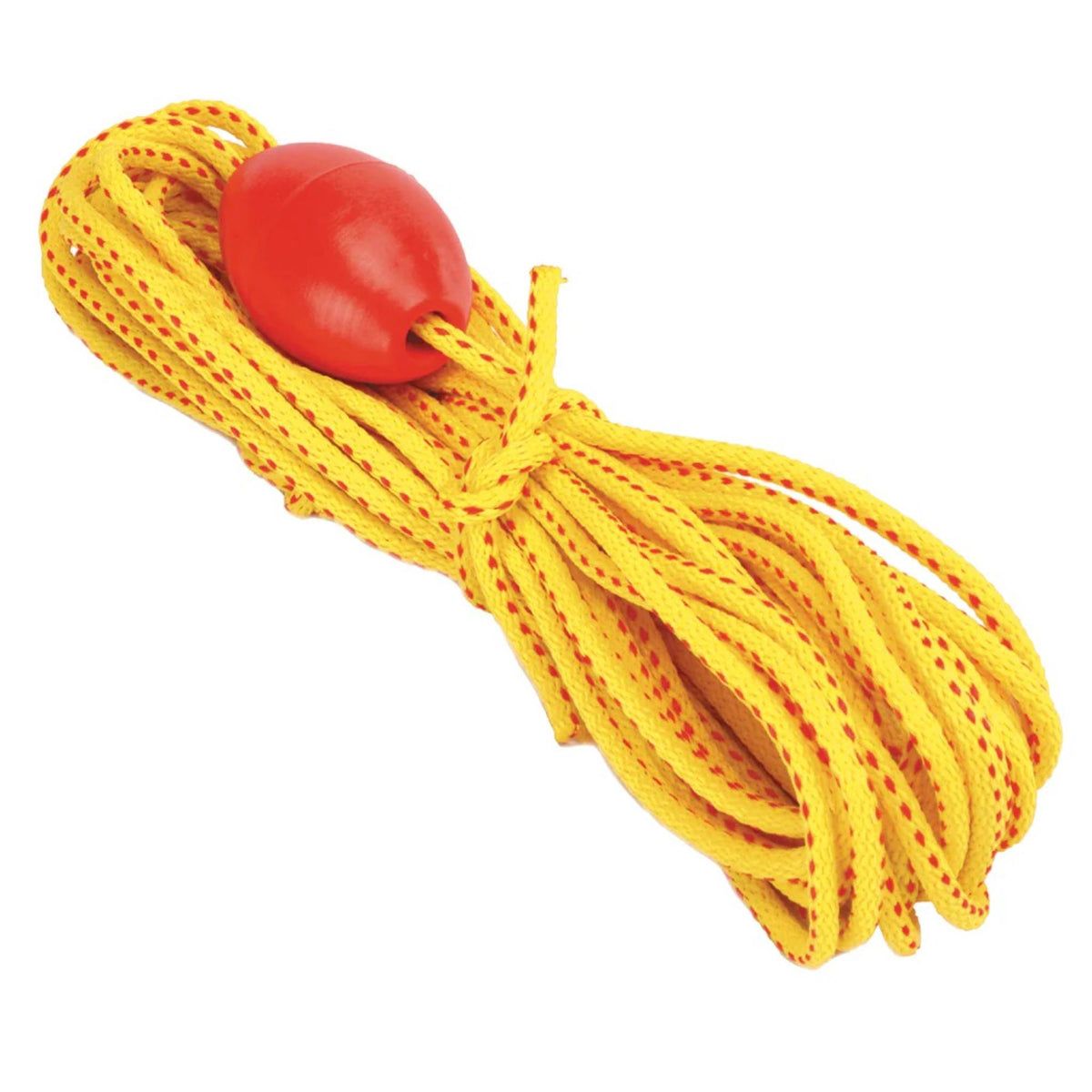 Boat safety kit including whistle, rope with float, flashlight, batteries, and storage container for marine emergency use.