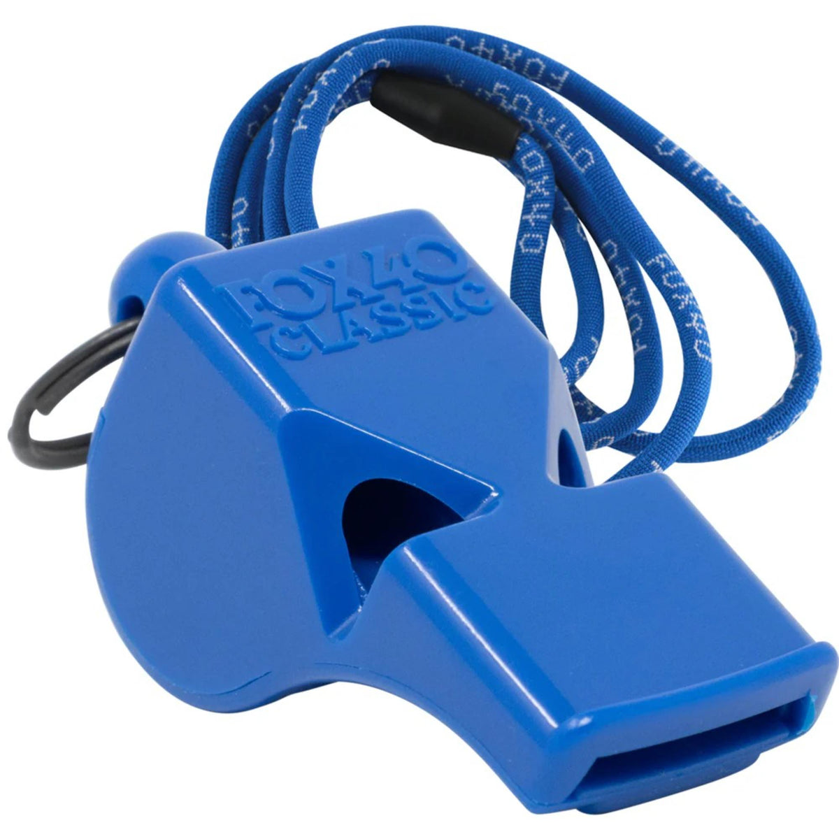 Safety whistle with attached lanyard and breakaway connector, designed for easy wearing and quick access during emergency situations.