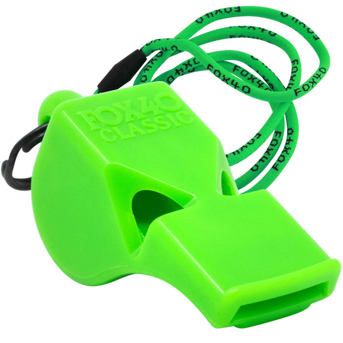 Safety whistle with attached lanyard and breakaway connector, designed for easy wearing and quick access during emergency situations.