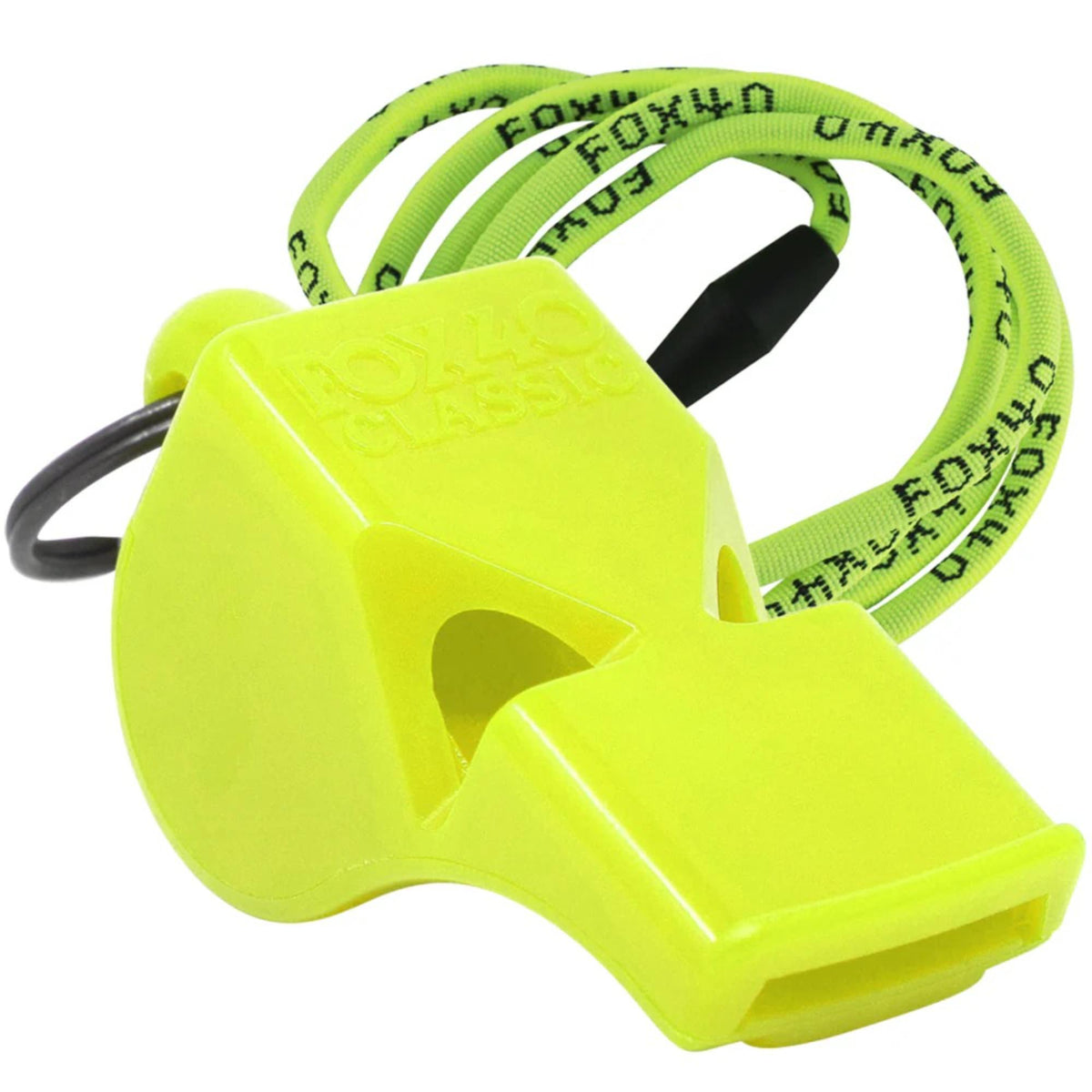 Safety whistle with attached lanyard and breakaway connector, designed for easy wearing and quick access during emergency situations.