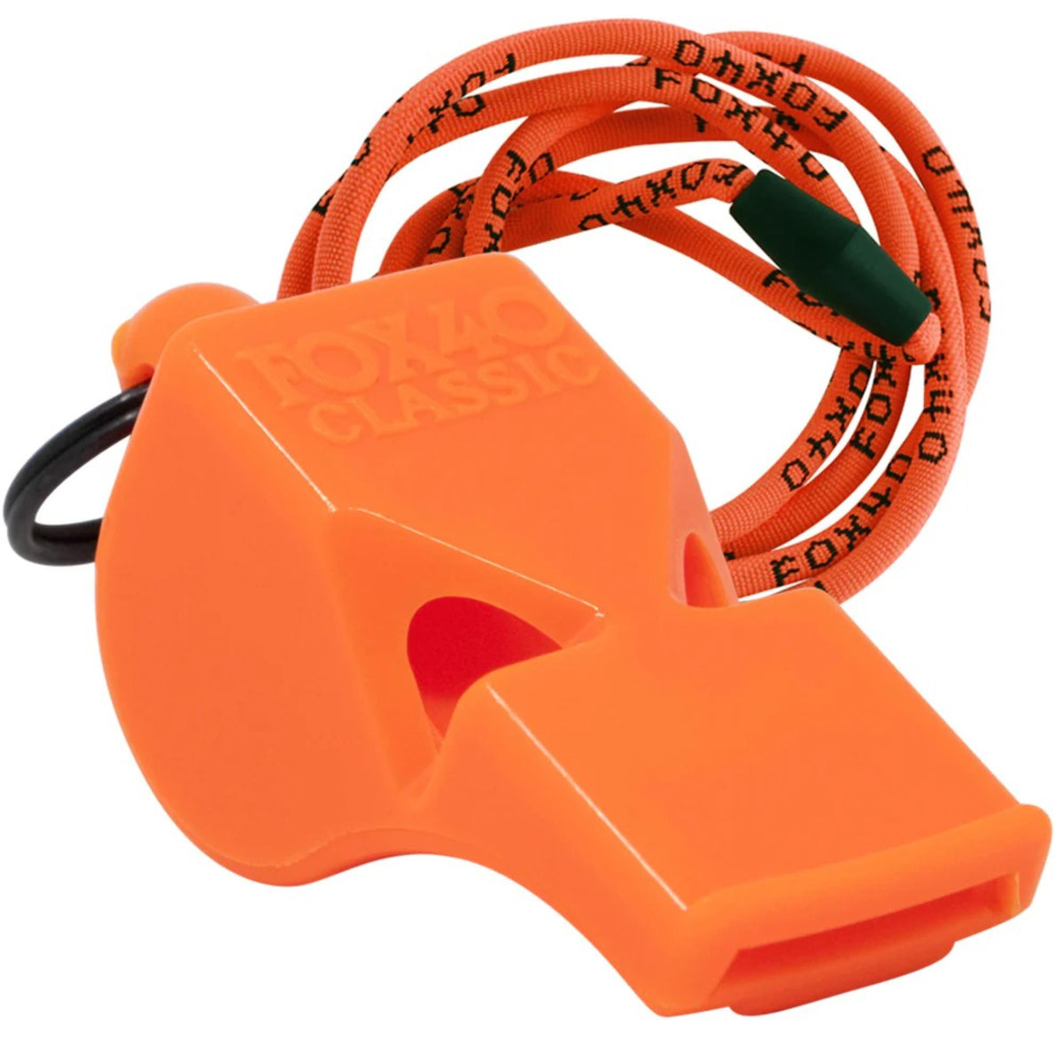 Safety whistle with attached lanyard and breakaway connector, designed for easy wearing and quick access during emergency situations.