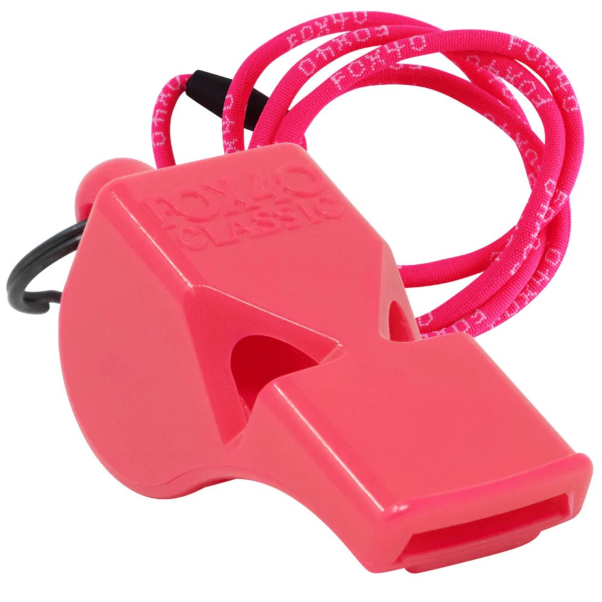 Safety whistle with attached lanyard and breakaway connector, designed for easy wearing and quick access during emergency situations.