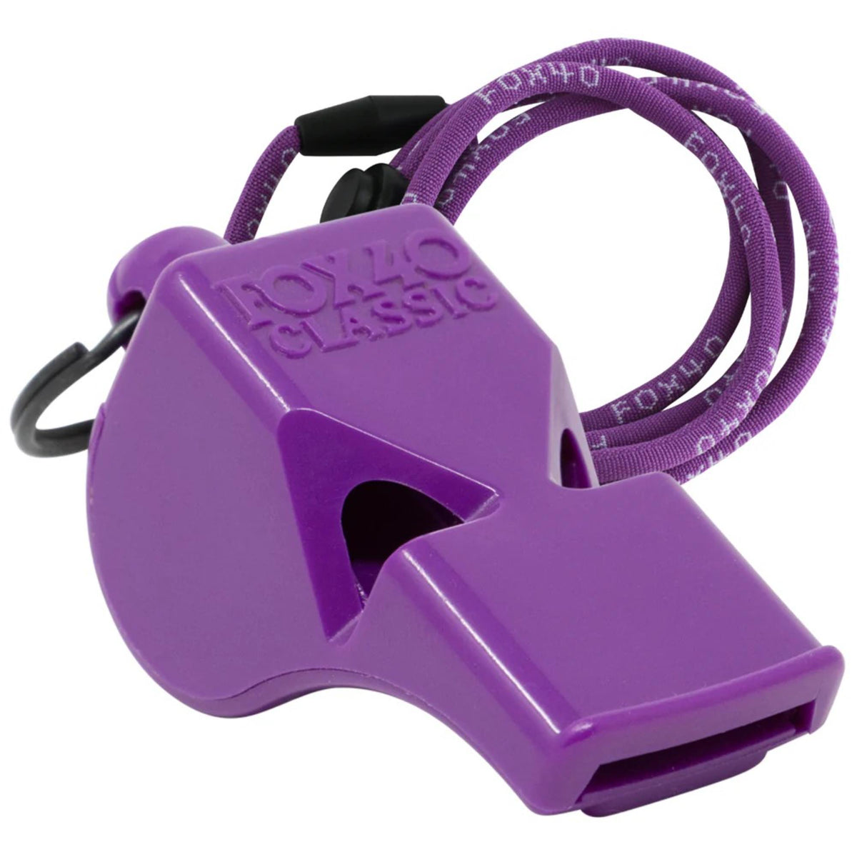 Safety whistle with attached lanyard and breakaway connector, designed for easy wearing and quick access during emergency situations.