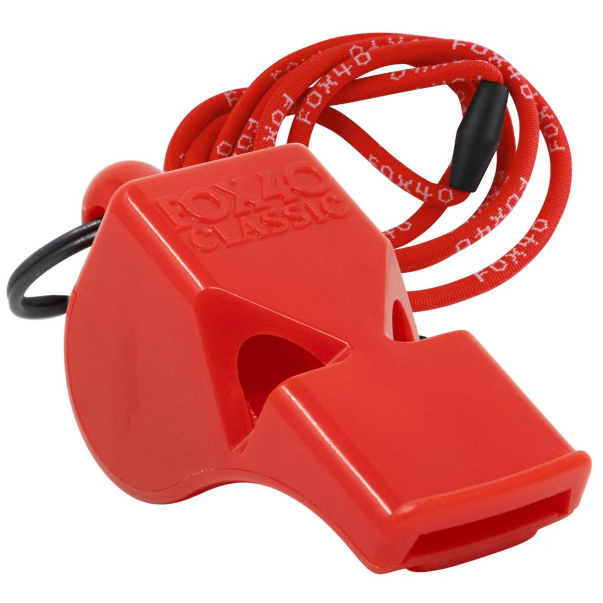 Safety whistle with attached lanyard and breakaway connector, designed for easy wearing and quick access during emergency situations.