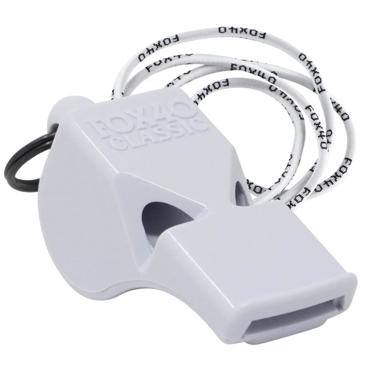 Safety whistle with attached lanyard and breakaway connector, designed for easy wearing and quick access during emergency situations.