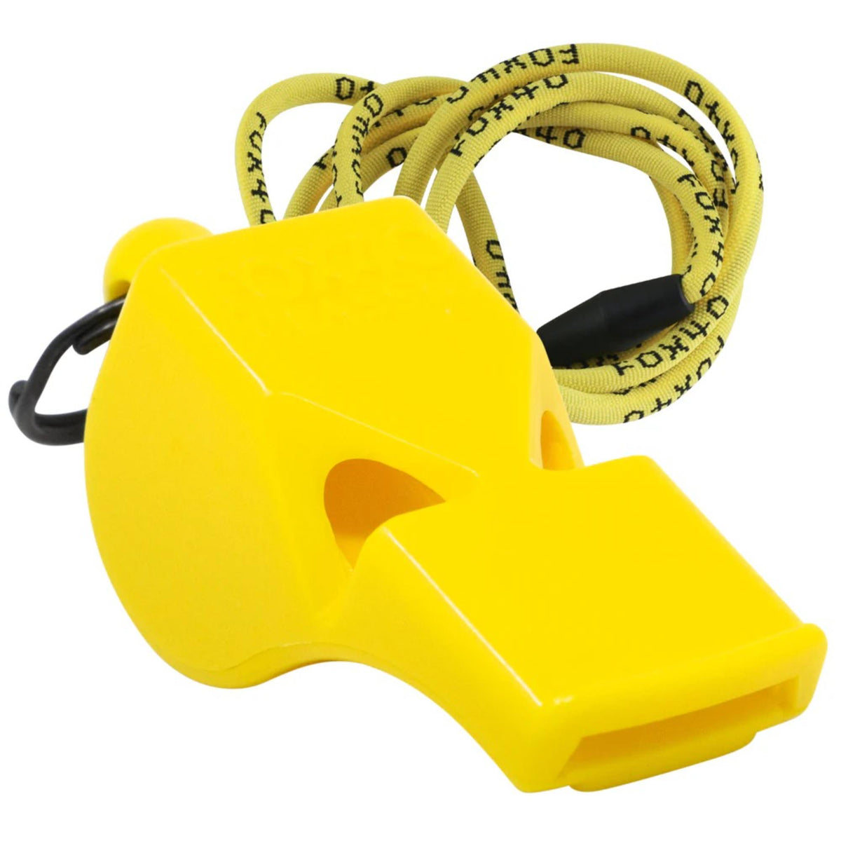 Safety whistle with attached lanyard and breakaway connector, designed for easy wearing and quick access during emergency situations.
