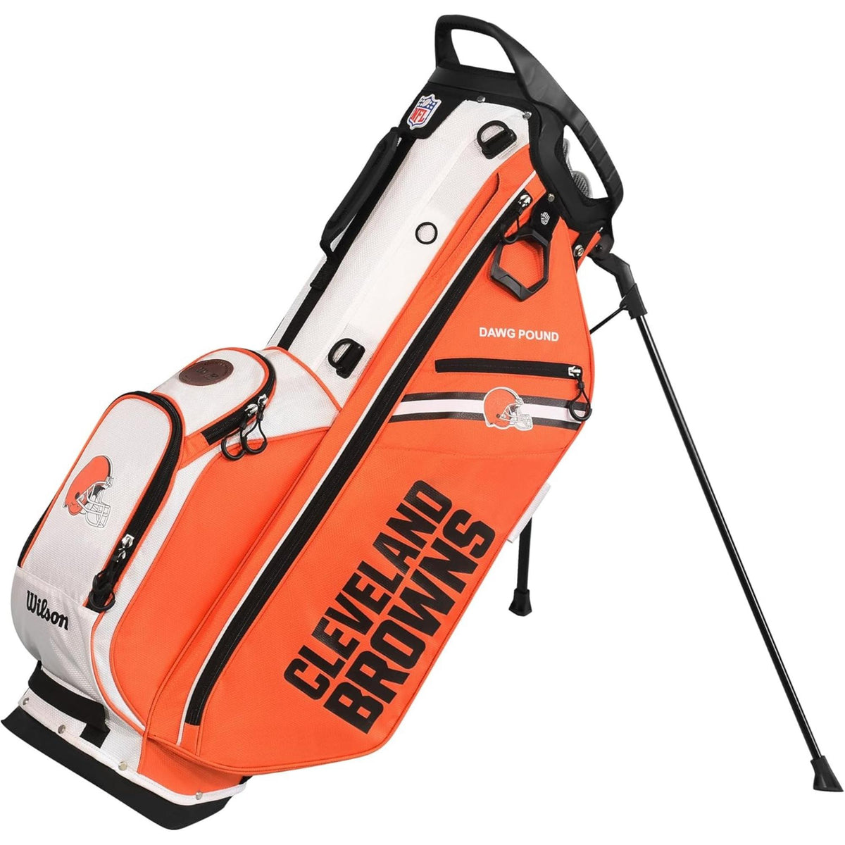 Wilson Golf NFL carry bag featuring team colors, logos, and a lightweight stand design for easy carrying on the course.