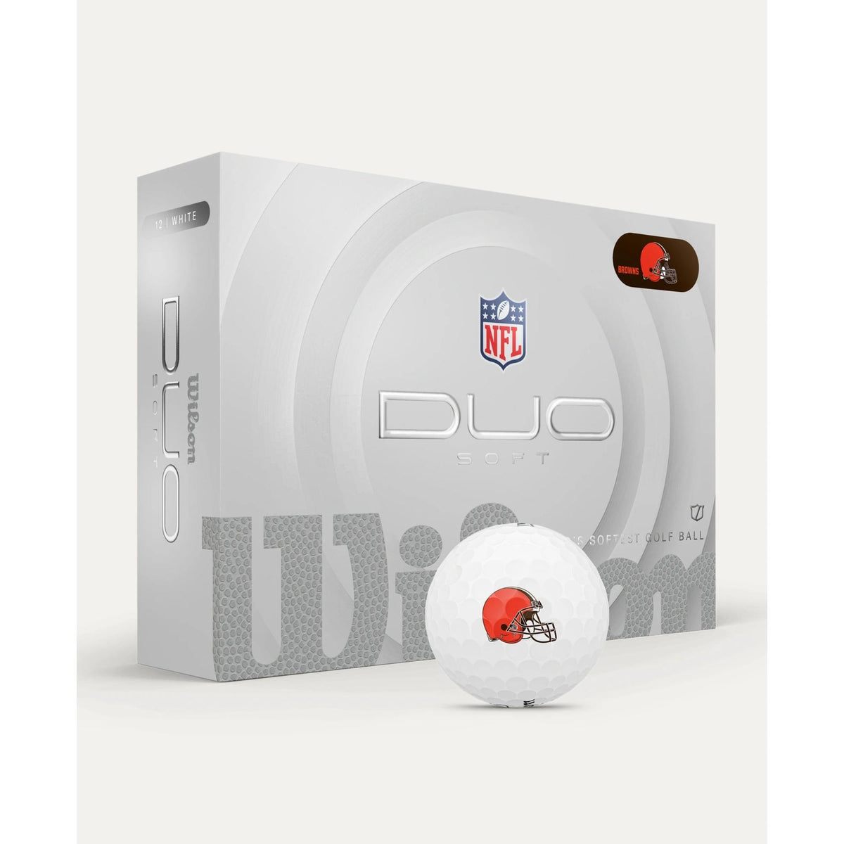 Wilson Golf DUO Soft NFL golf balls 12-pack in white, shown with branded Wilson DUO Soft packaging.