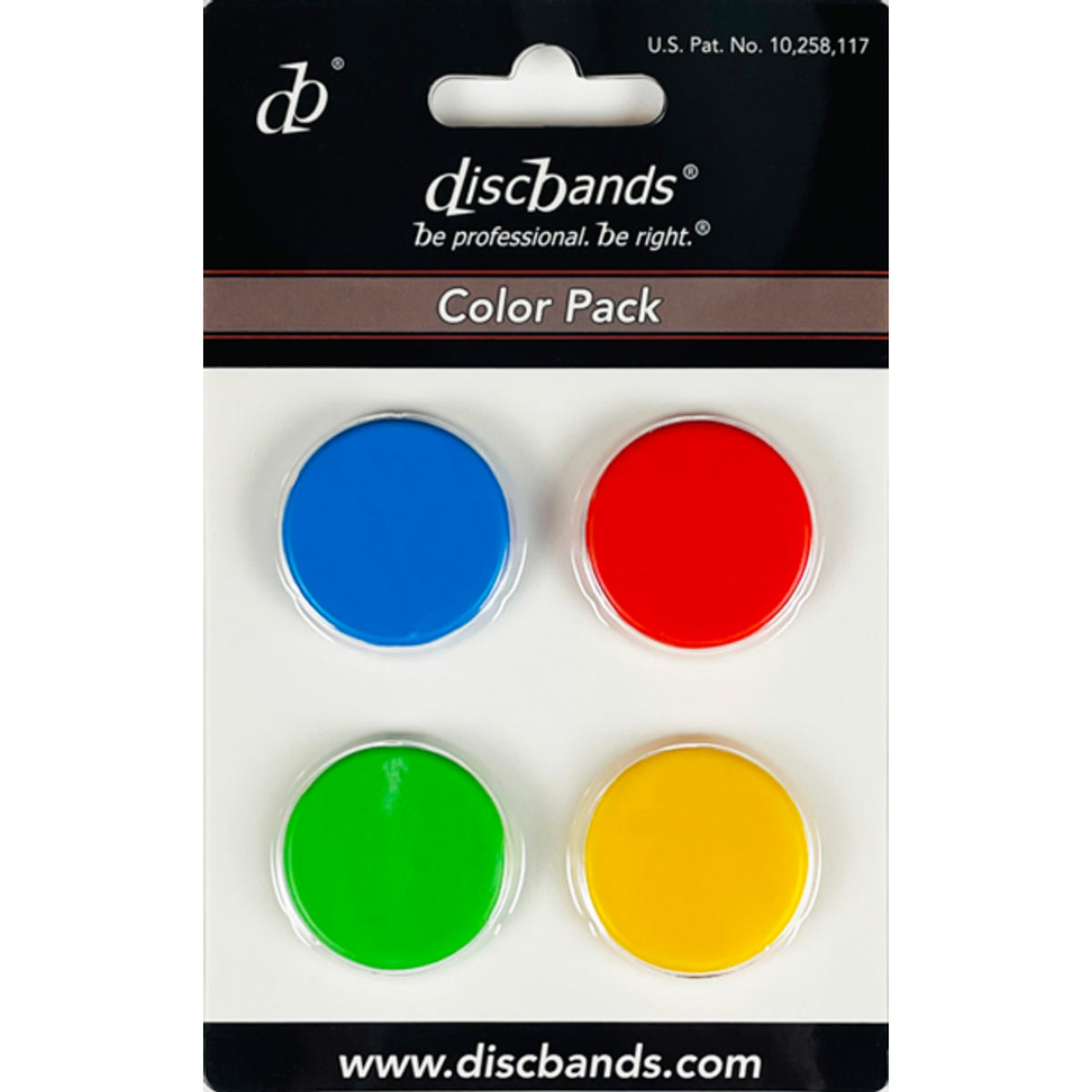 Pack of discbands in blue, red, green, and yellow on a white background