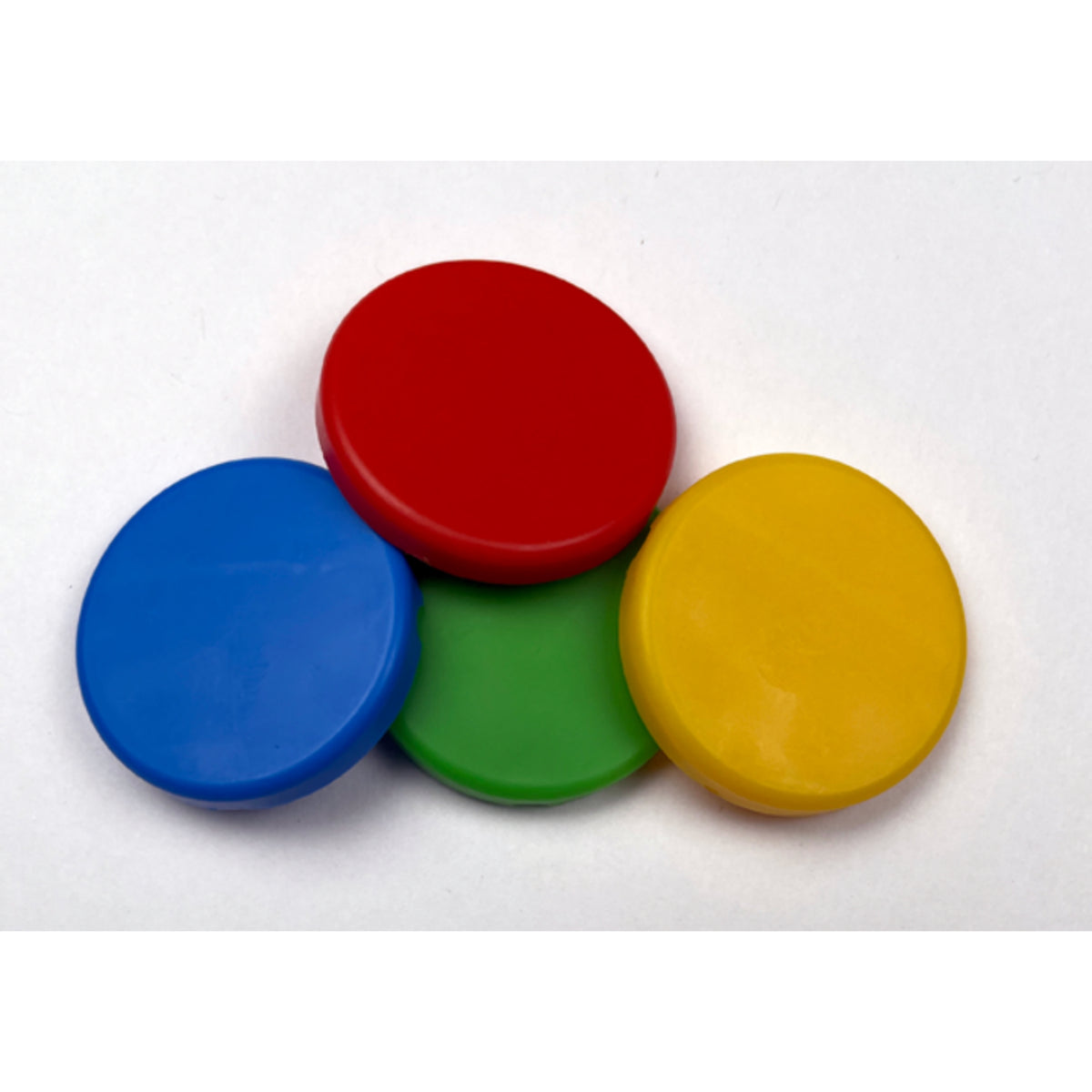 Four colorful buttons (red, blue, green, yellow) on a white background