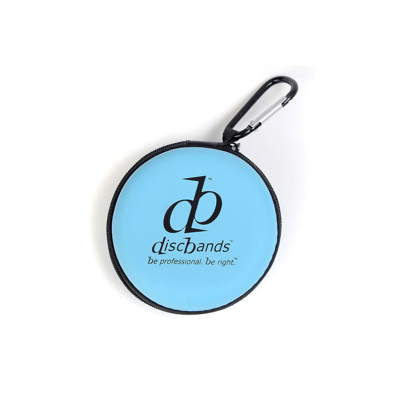 Round blue case with carabiner clip featuring 'dischands' branding on a white background