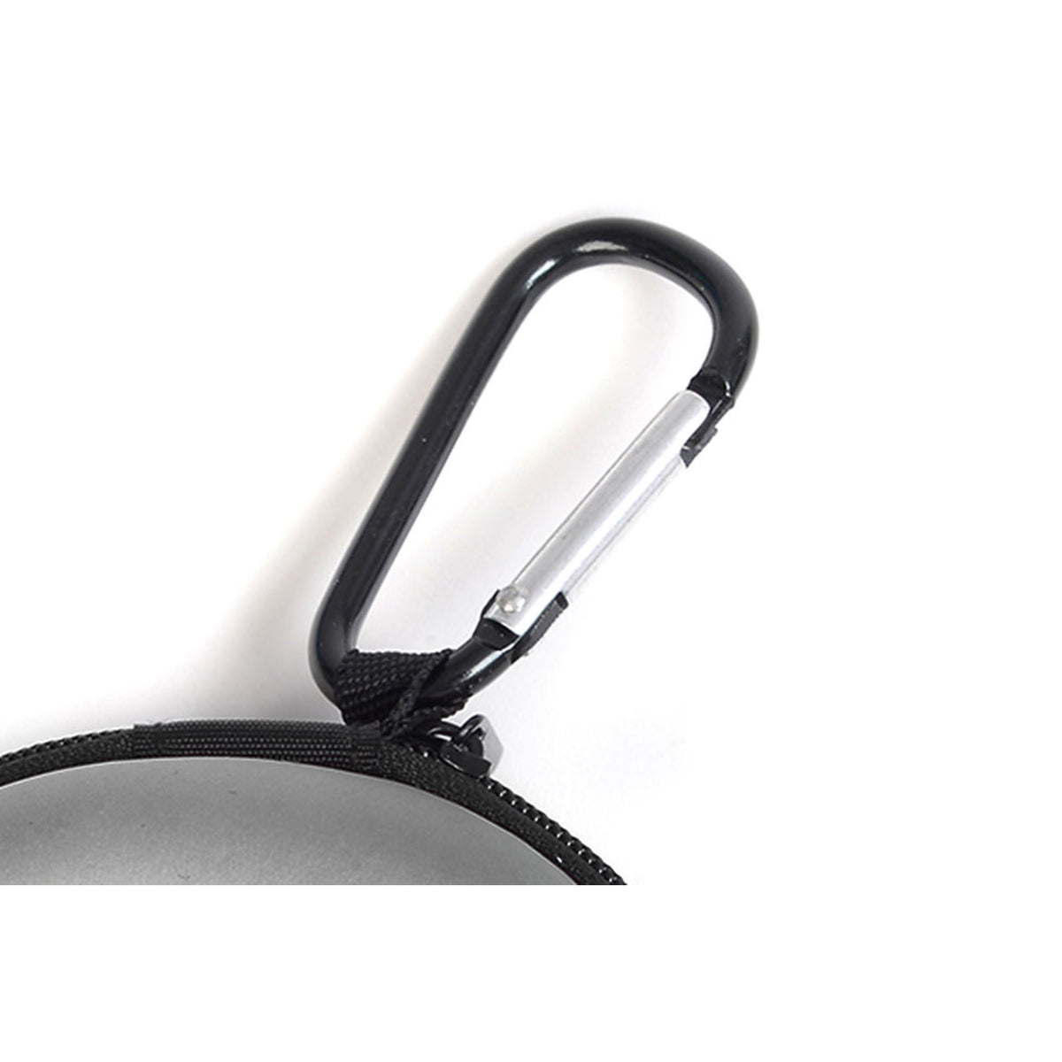 Black carabiner attached to a gray pouch on a white background