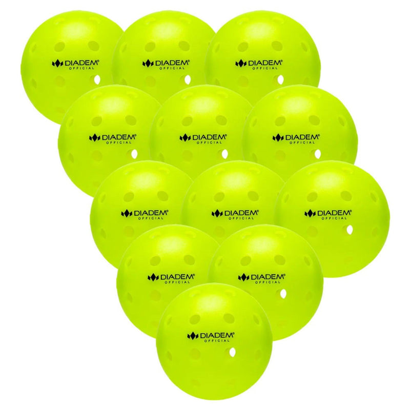 Three perforated pickleball balls with evenly spaced holes and printed branding, shown together.