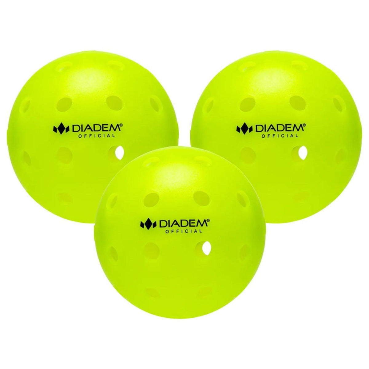 Three perforated pickleball balls with evenly spaced holes and printed branding, shown together.