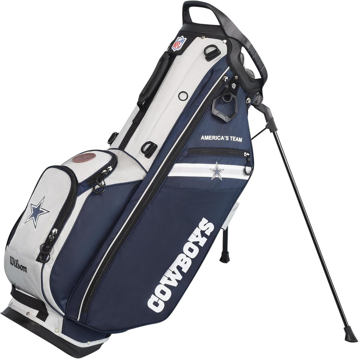 Wilson Golf NFL carry bag featuring team colors, logos, and a lightweight stand design for easy carrying on the course.