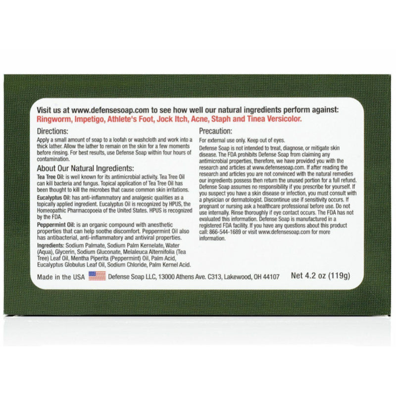 Defense Soap packaging with green background and white label displaying text and product details.