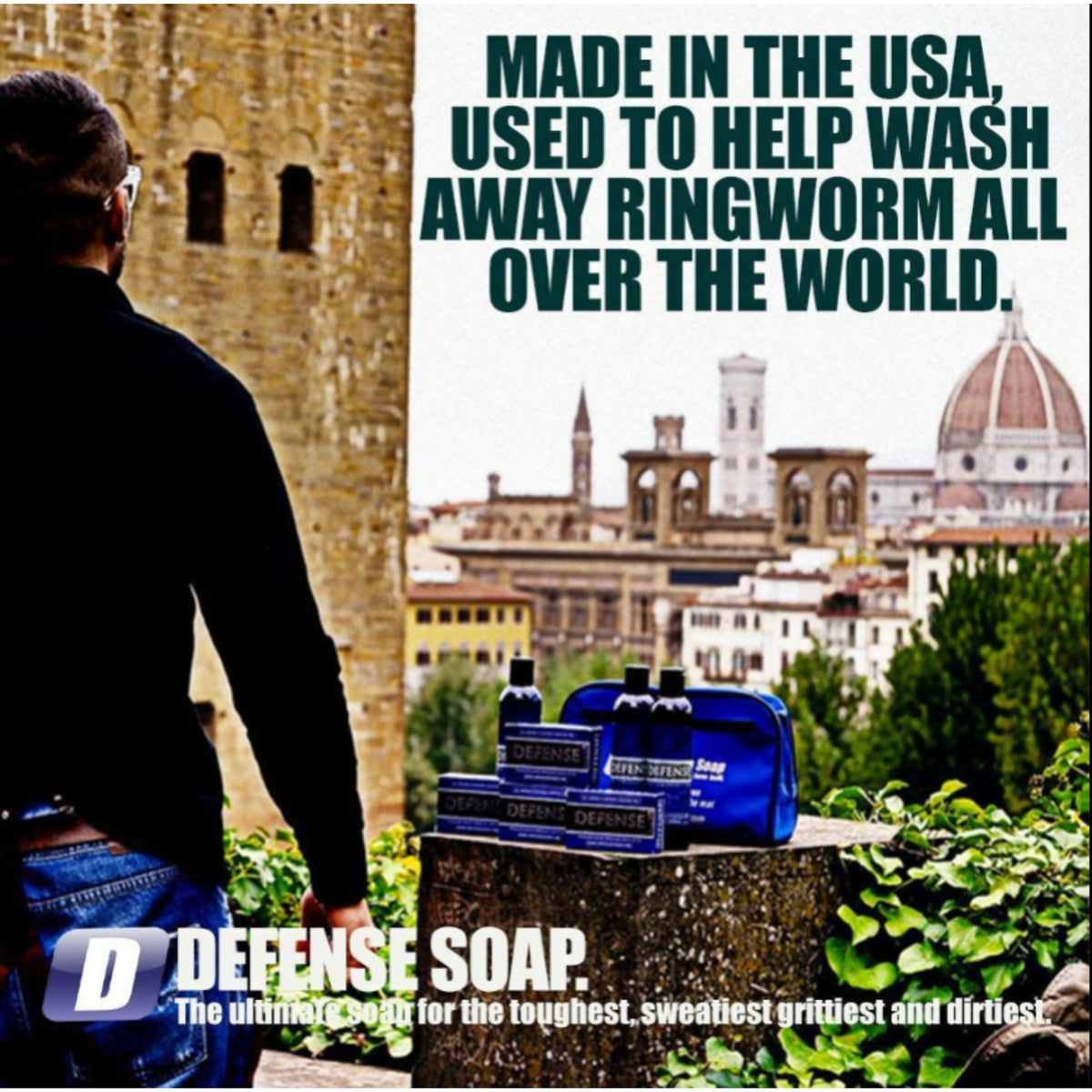 Advertisement for Defense Soap with a scenic background and text about ringworm.